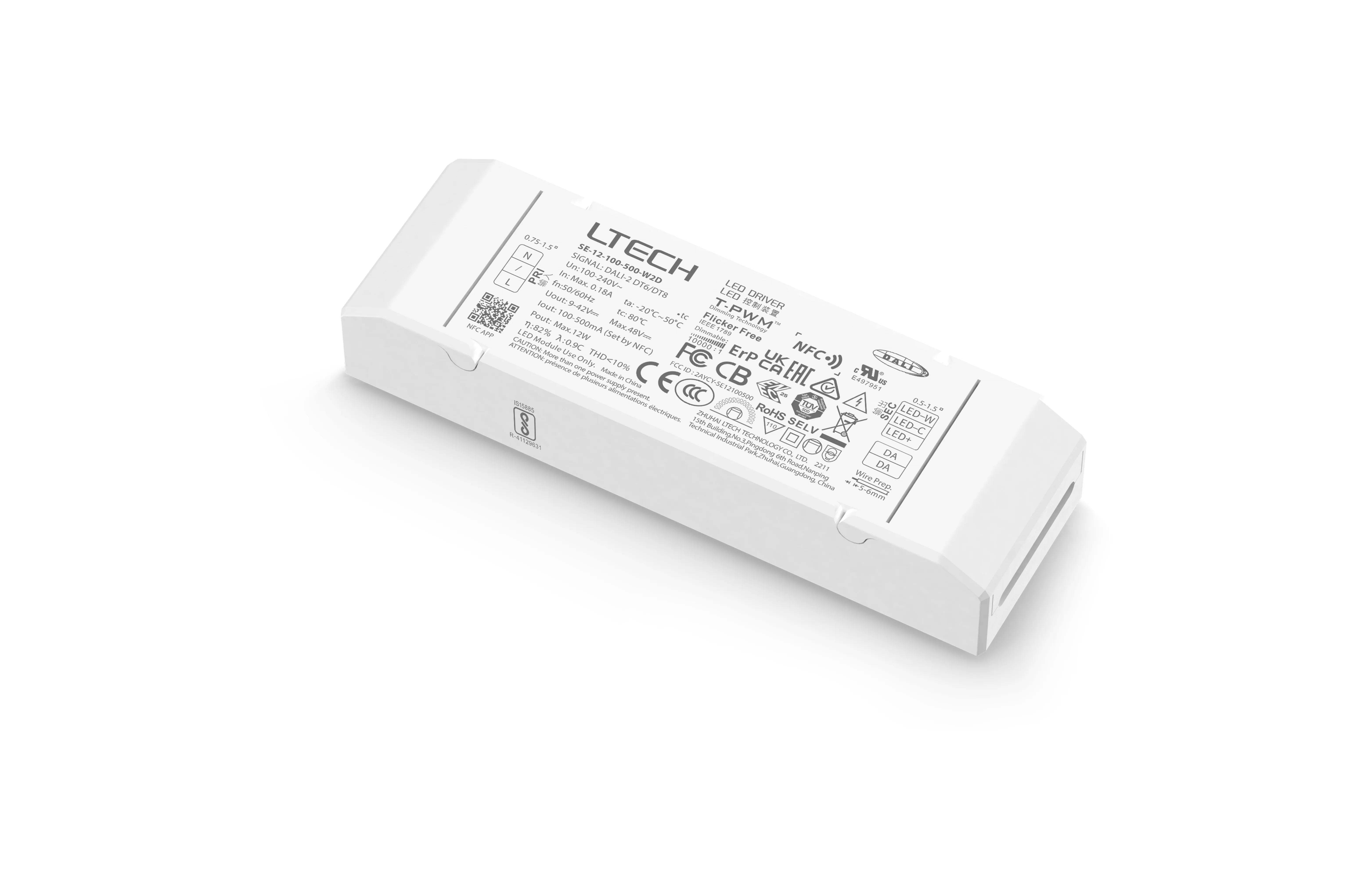 SE-12-100-500-W2D  Intelligent LED Driver, NFC DALI  0-100% Dim, PWM Digital Dim,DALI DT6/8 Tuneable, 12W 100-500mA 9-42Vdc  Out put Range.0.9-12W , IP20, 5yrs Wrnty.